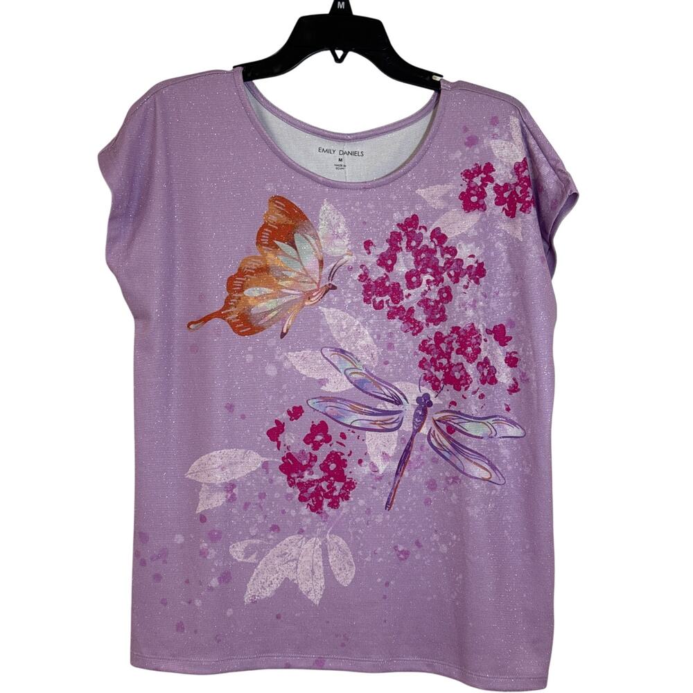NWT, Emily Daniels Medium Sparkly Purple Top Floral Butterflies and Dragonflies